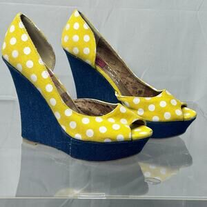 Yellow Polka Dot Peep Toe Wedge Heels Size 7 Denim Platform Y2K Retro Pinup